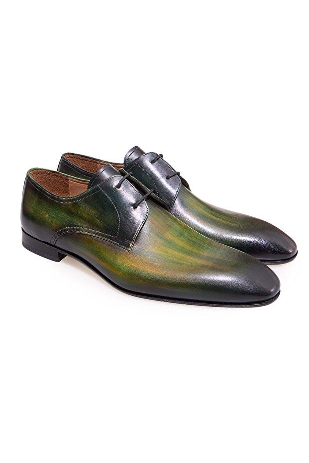 Green Color Lace-Up Genuine Leather Men's Shoes