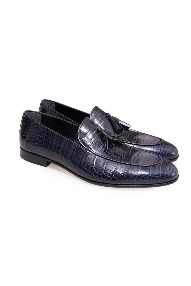Dark Blue Color Laceless Genuine Leather Leather Sole Men's Shoes