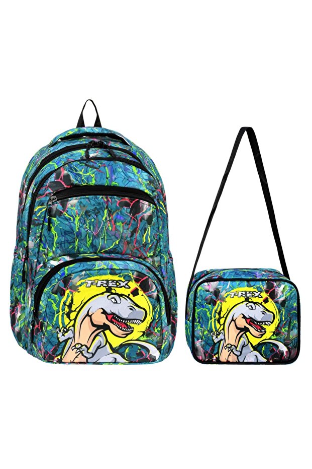 Boy's Dinosaur Patterned Backpack – Multi-Compartment School and Daily Bag 42X32X18 cm