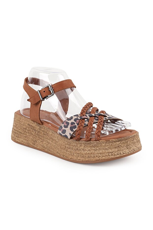 Women's Sandals Daily Genuine Leather Leopard Patterned Mesh Banded Straw Jute Platform Wedge Sole 26Y-5260