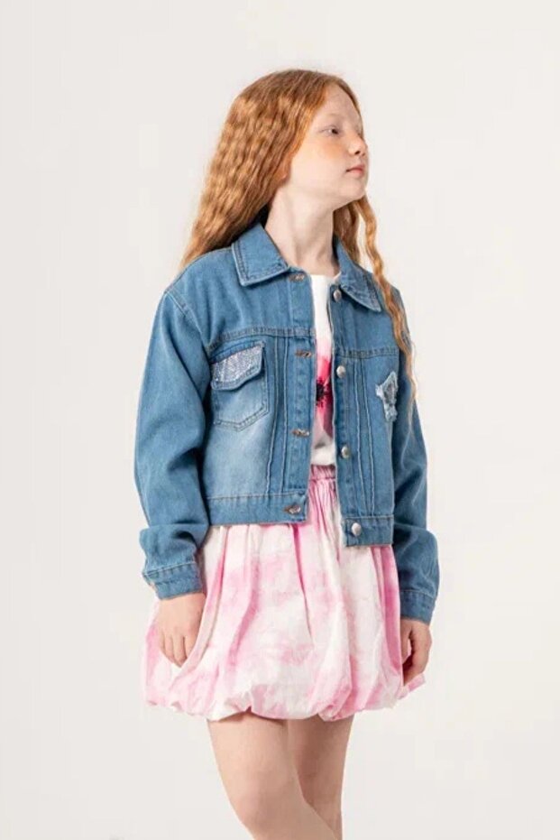 Girl's Star Patch Embroidery Detailed Denim Jacket 1550-2