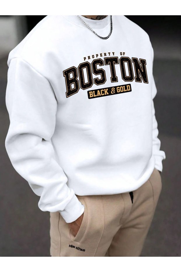 Boston Printed Oversize Sweatshirt Crew Neck College Style Long Sleeve Casual Streetwear