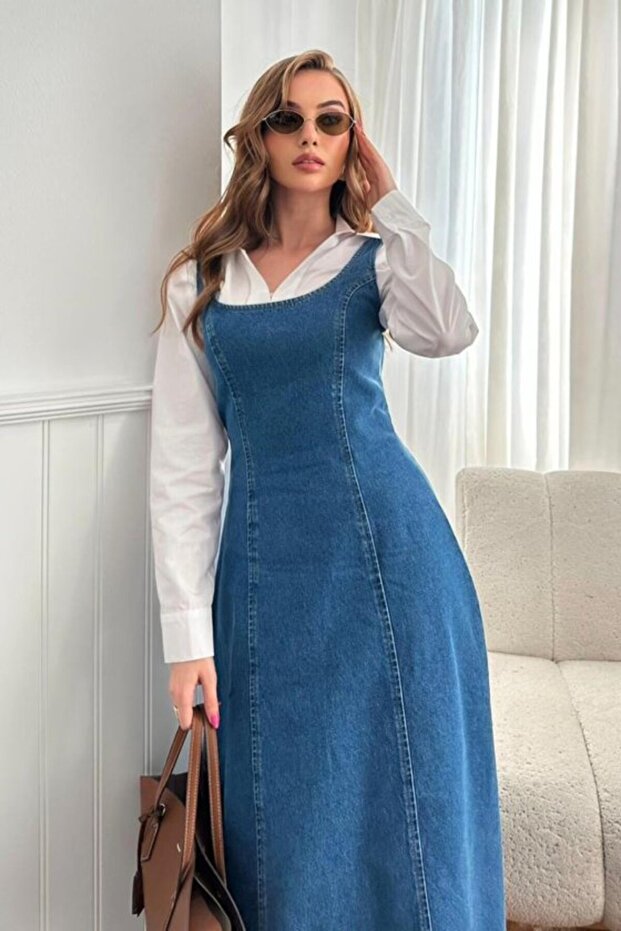 Blue Zipper Detailed Strappy Denim