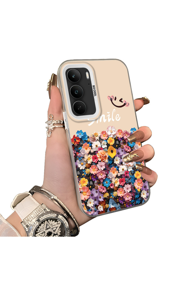 Realme 14X Compatible Silicone Edge Hard Back Case Couple Phone Case with Floral Pattern