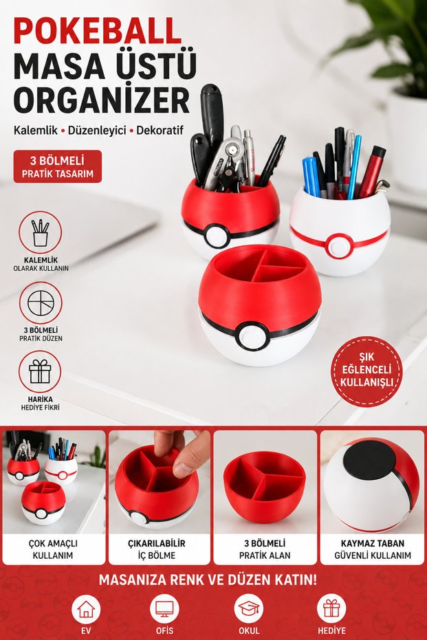 Pokéball Design 3-Compartment Desktop Organizer Pen Holder - Decorative Desk Organizer