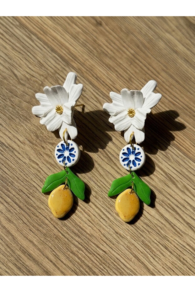 Limonchelli Handmade Polymer Clay Lemon Earrings | Floral Blue and White Design Women's Earrings