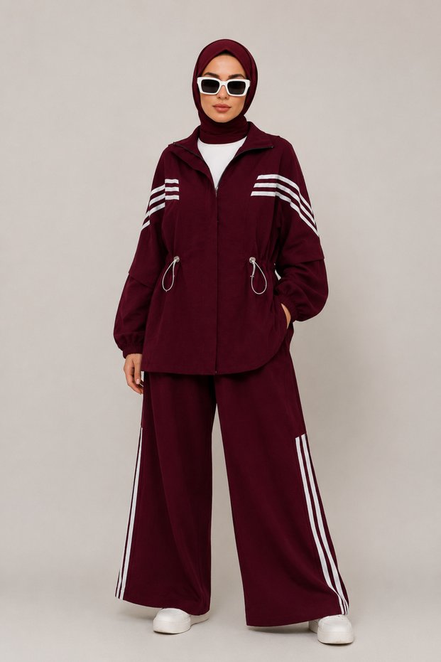 High Collar Striped Suit with Elastic Sleeves and Waist, Zipper Closure - Burgundy