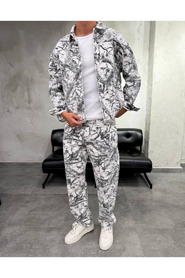 Premium Oversize Botanical Print Jeans Jacket Set