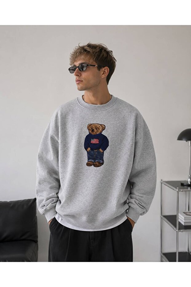 Men's Teddy Printed Crew Neck Oversized Sweatshirt