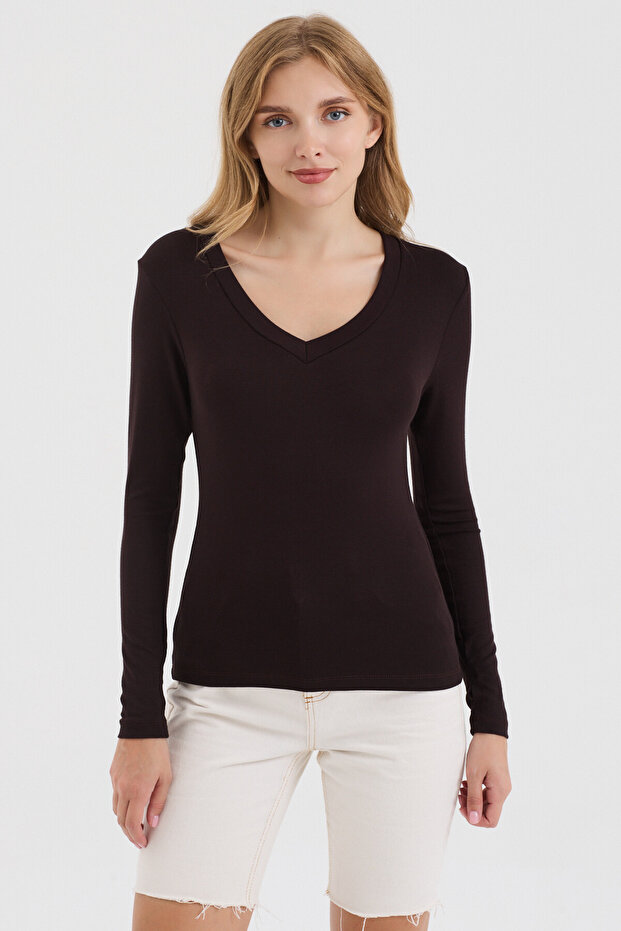 Women's Brown V-Neck Slim Fit Finger-Loop Ultra Soft Flexible Lycra Cotton Basic Body&Blouse