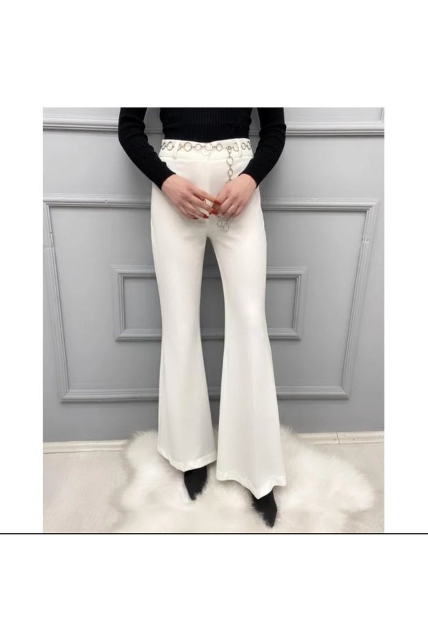New Season! Women's High-Waisted Spanish Flare Pants with Chain Belt - Suitable for Hijab Wear