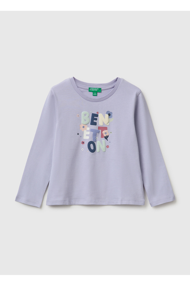 Girl's Lilac Front Printed Long Sleeve T-Shirt