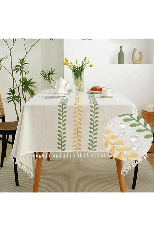 Rectangular Tablecloth, Embroidery Leaf Pattern Table Cloth Wrinkle Free Heavy Weight Cotton Linen Farmhouse Tablecloth Tassel Fabric Table Cover for Dining, Kitchen, Buffet 140 * 180cm