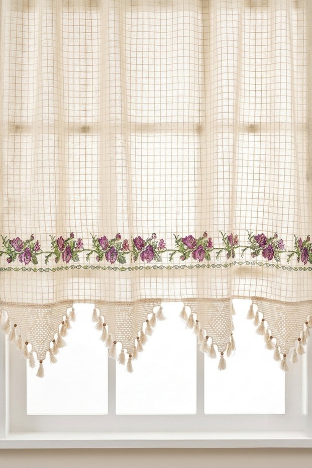 Rose Garden Cross-Stitch Embroidered Lace Tassel Cotton Decorative Curtain
