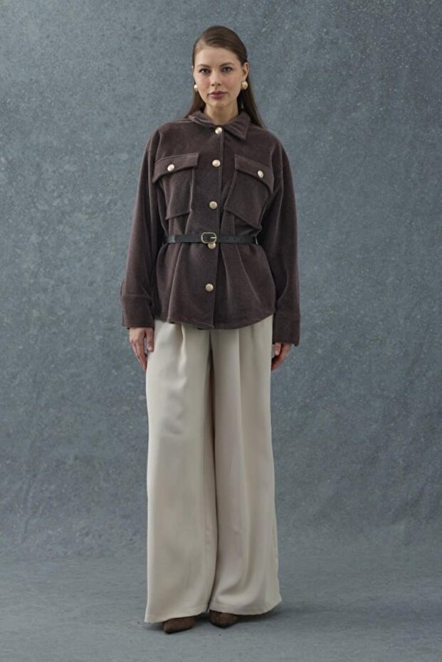 Brown Gold Button Detailed Belted Cashmere Shirt