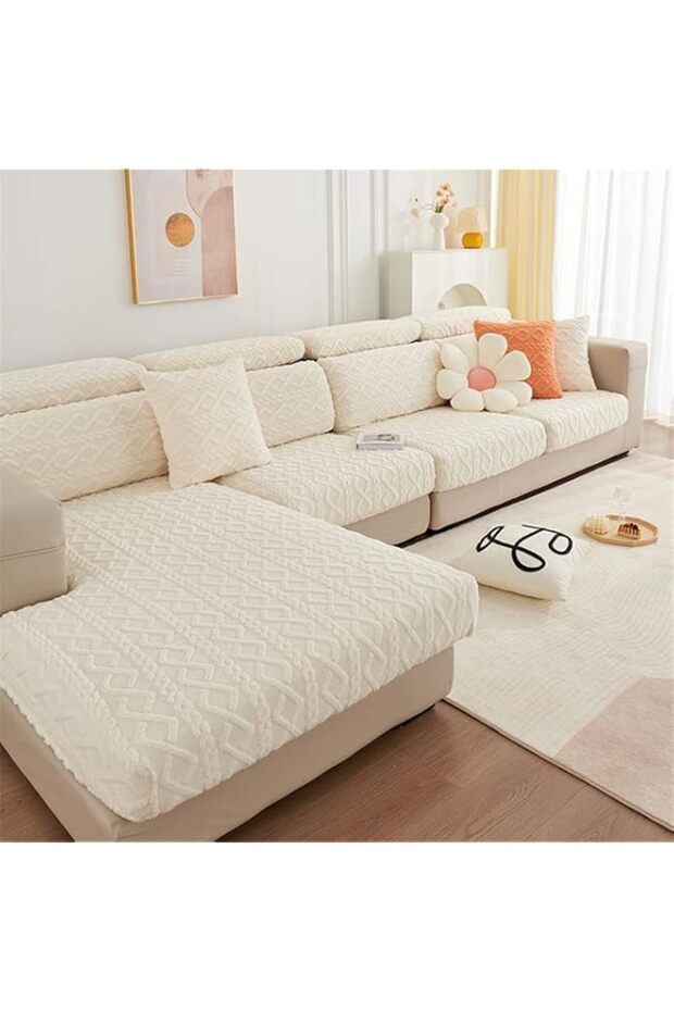 Stretch Sofa Cushion Covers,Sofa Seat Cushion Covers Stretch Polyester Fabric Seat Cushion Protector, Non-Slip Couch Slipcovers (White,Large 2 Seater)