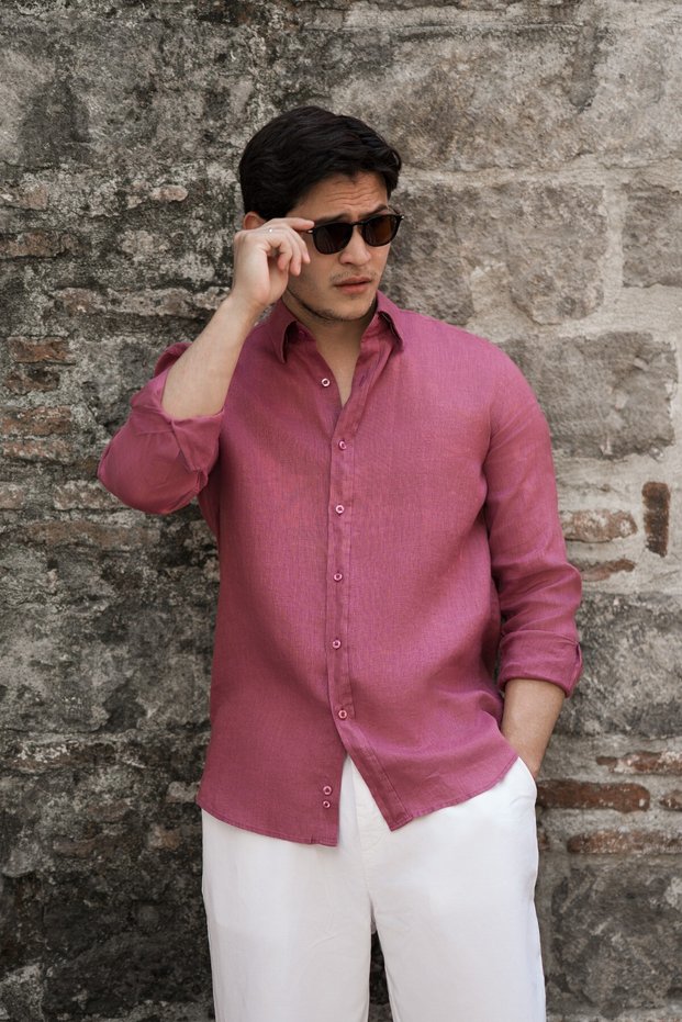 Regular Fit Hidden Button Collar 100% Linen Raw Linen Shirt