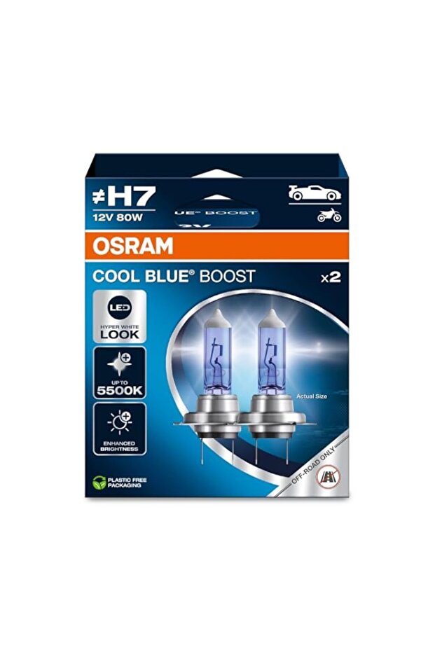 OSRAM COOL BLUE® BOOST, H7, halogen headlight lamps, up to 5500K, Hanging folding box (2 lamps), offroad use only
