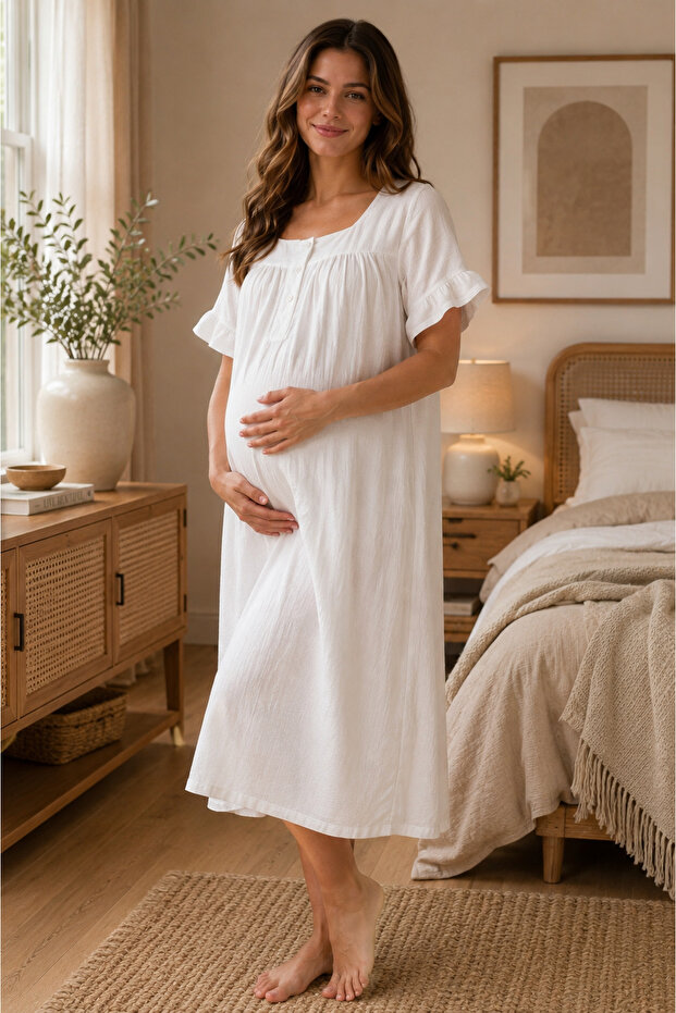 Muslin Fabric Maternity Short Sleeve Nightgown with Breastfeeding Features