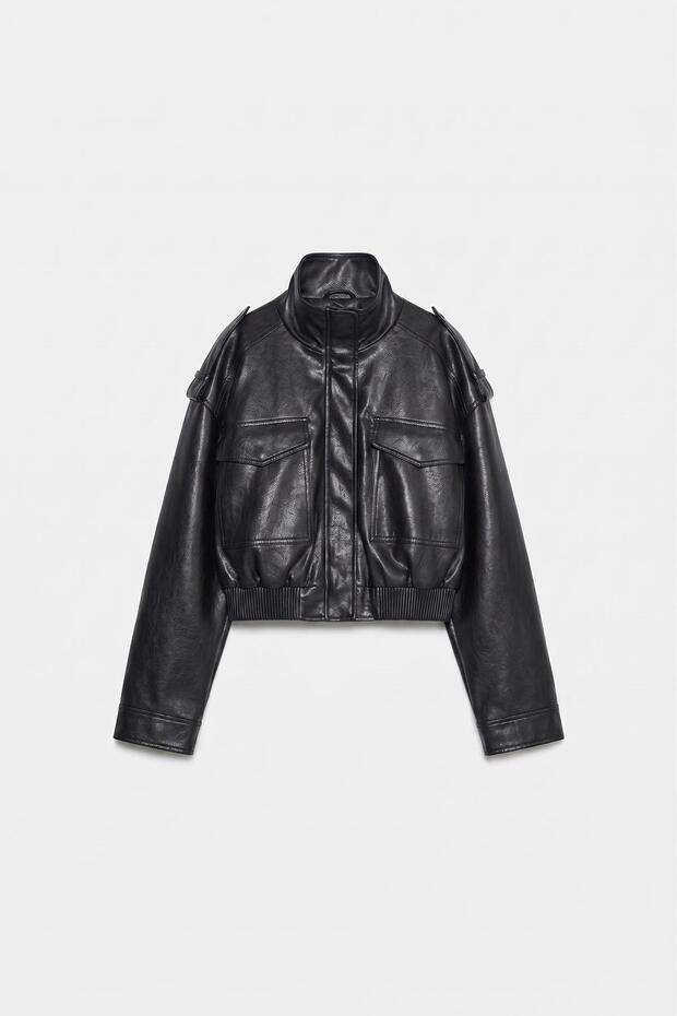 New Season Oversize Stand Collar Black Women's Leather Jacket with Epaulettes