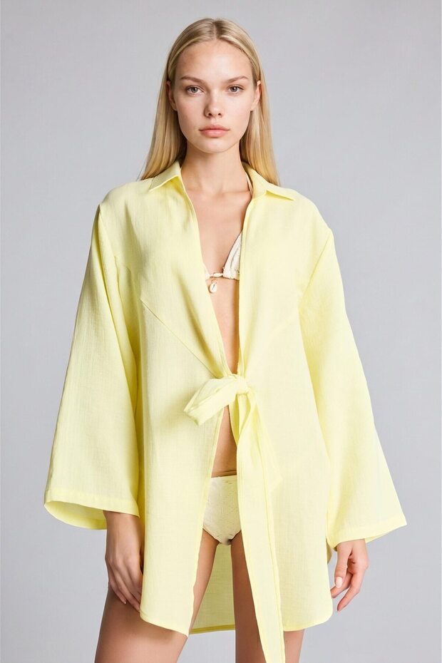 100% Cotton Regular Fit Muslin Light Yellow Beach Shirt H8030Ax26Sp