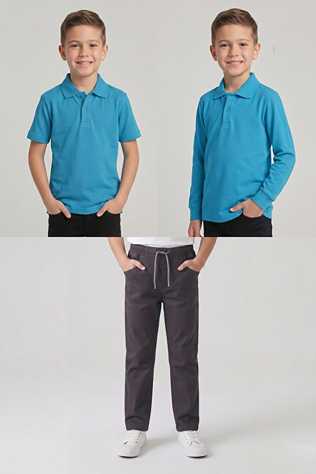 Boys' School Turquoise Long and Short Sleeve Polo Collar T-Shirt Smoked Ribbed Waist Pants 3-Piece Top and Bottom Set