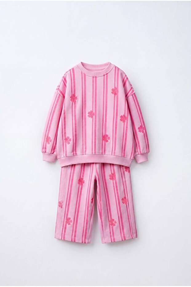 Girl's Pink Striped Floral Patterned School Sweatshirt and Sweatpants Set