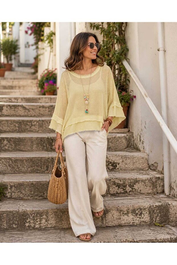 Women's 100% Cotton Mesh Knit Fringed Layered Casual Bohemian Double Set Blouse Undershirt