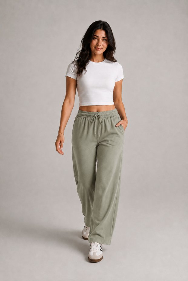 Women's Green High-Waisted, Linen Textured Gabardine, Elastic Waist, Lace-Up, Pocketed, Comfortable Cut Pants
