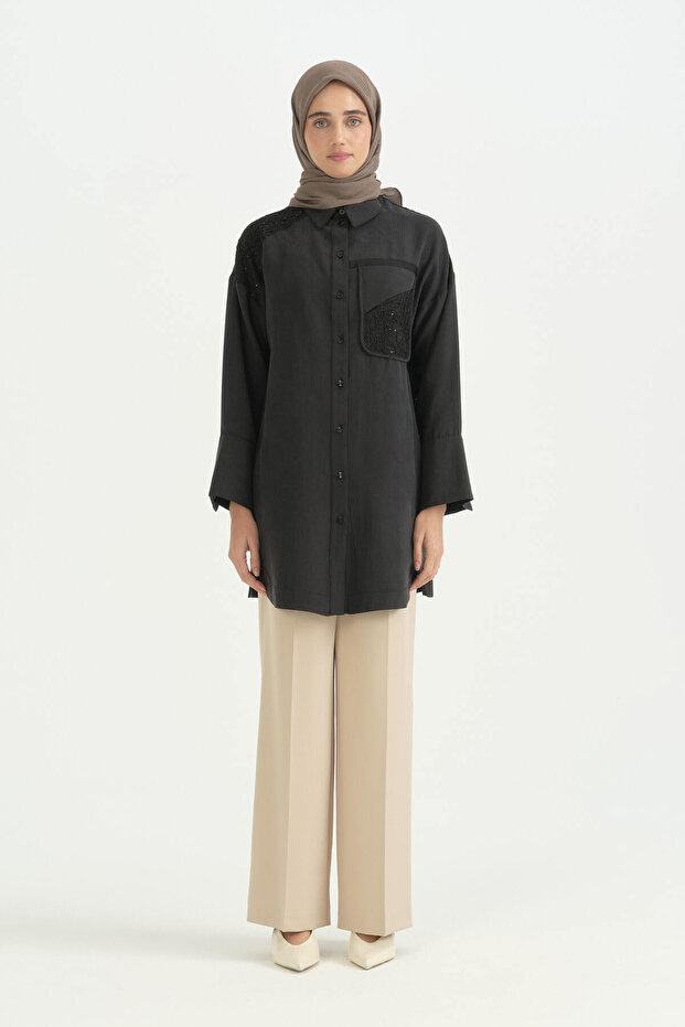 Guipure Detailed Lyocell Tunic - Black