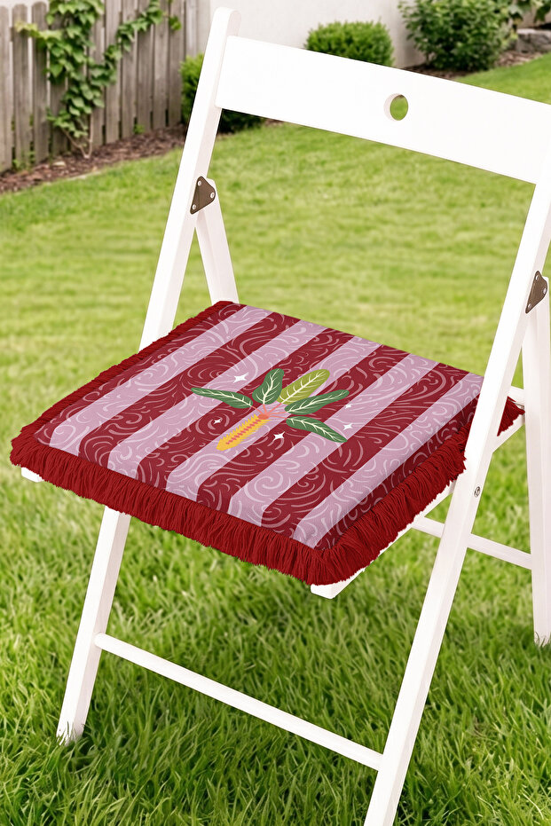 Dragonfly and Wavy Stripes Patterned Fringed Zippered Chair Cushion - Tufted Patchwork Retro Style