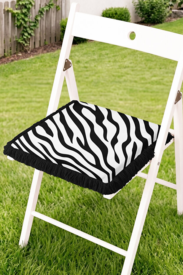 Zebra Patterned Fringed Zippered Chair Cushion - Modern Striped Tufted Cushion