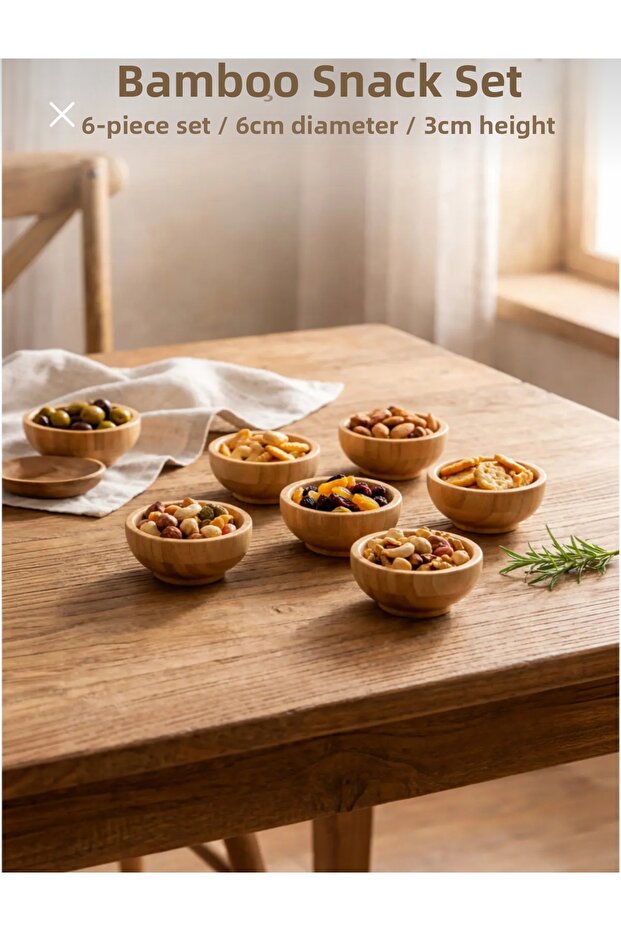 6-Piece Mini Bamboo Sauce Bowl Turkish Delight Bowl Bamboo Sauce Bowl 6.5 cm Diameter - 3 cm Depth