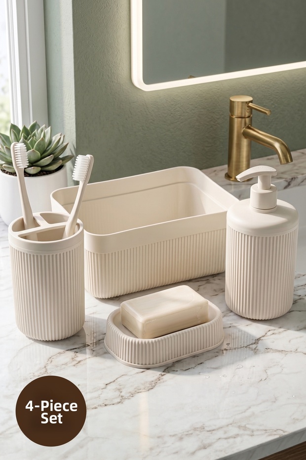 4-Piece Bathroom Set 550ml Cream - Liquid Soap Dispenser, Toothbrush Holder and Multi-Purpose Organizer