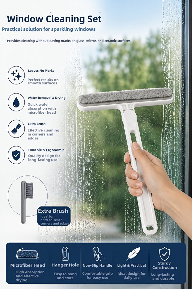 Double-Sided Brushed Glass Squeegee - Non-Scratch Glass Sponge, Non-Marking Squeegee with Silicone Auxiliary Brush