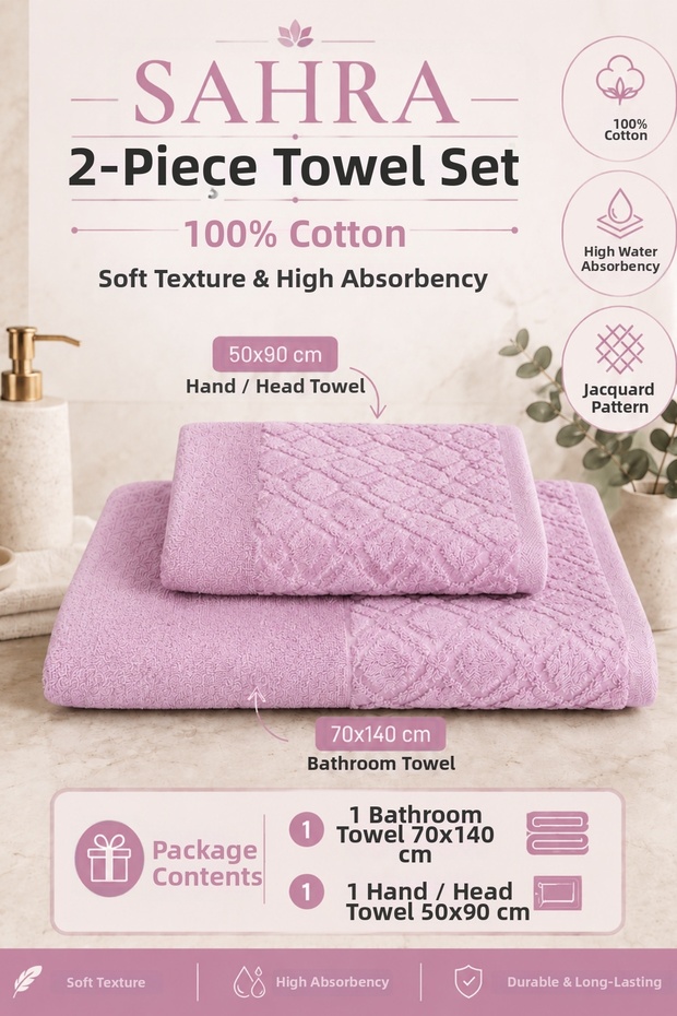 Sahara | 2-Piece Bath Towel Set | Towel | Bath Towel I Hammam Set I Dowry Towel | (70 X 140 cm - 50 X 90 cm)