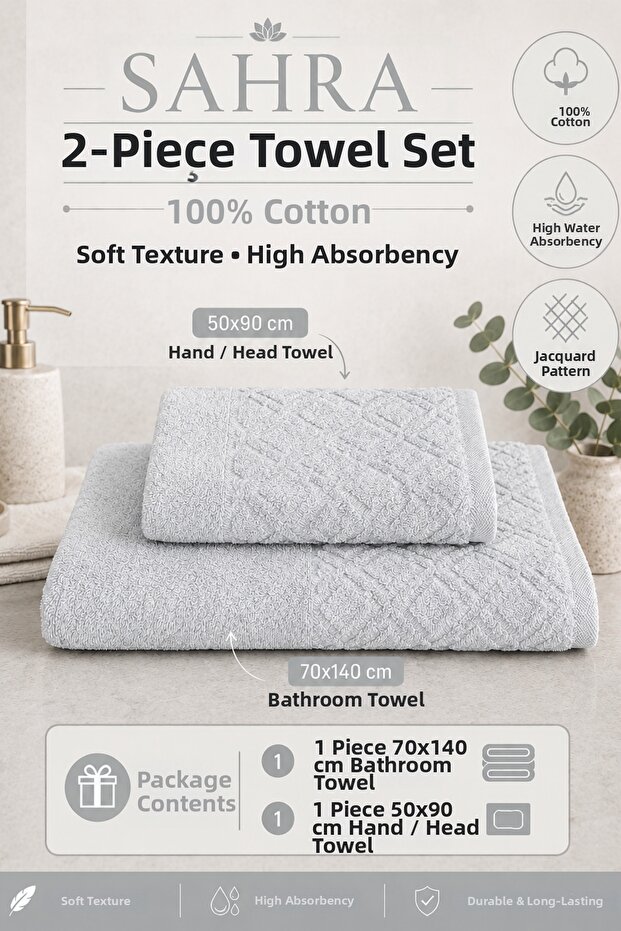 Sahara | 2-Piece Bath Towel Set | Towel | Bath Towel I Hammam Set I Dowry Towel | (70 X 140 cm - 50 X 90 cm)