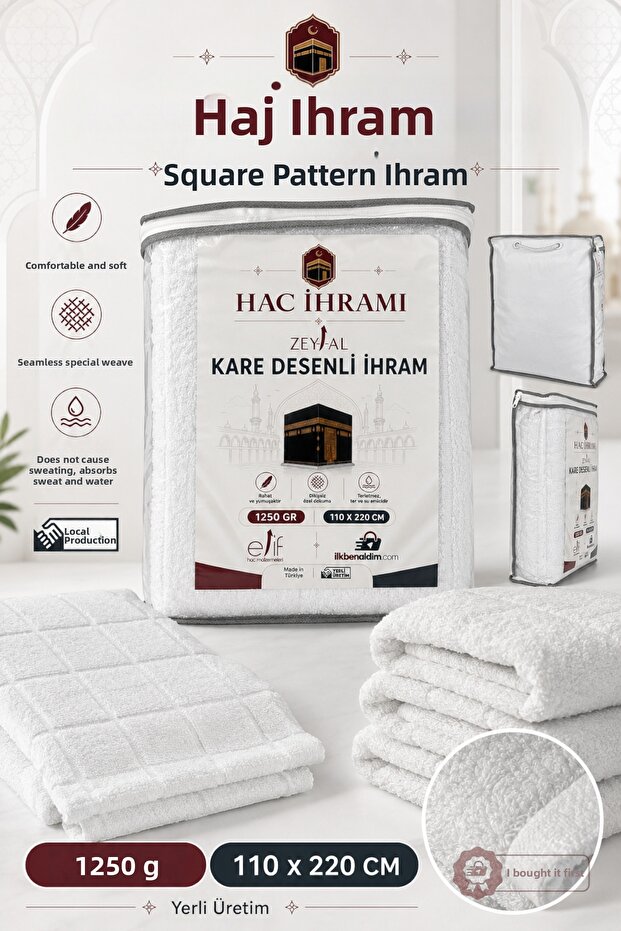 Square Patterned Hajj Ihram 2 Pieces 1250 Gr 110X220 cm Umrah Ihram