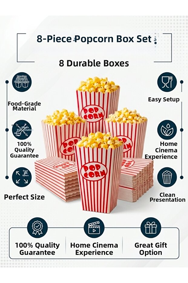 8-Piece Popcorn Box - Popcorn Cardboard Box - Movie Night and Party Snack Container (Red and White)