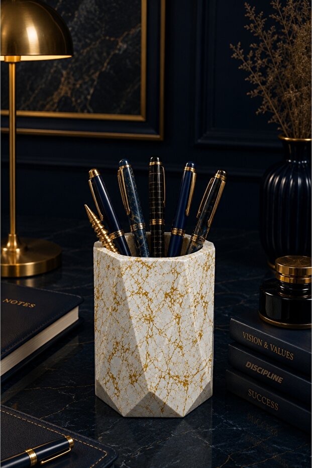 Gold Patterned Concrete Decorative Pen Holder – Stylish Modern Desktop Office Organizer (7X11 cm)