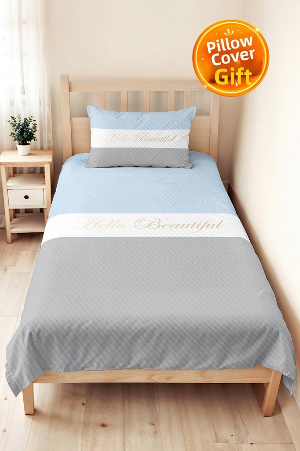 Blue Gray Modern Young Room Single Pique Set - Pastel Striped 160X220 cm Quilted Bedspread