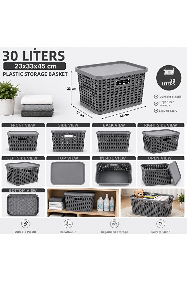 30 Liter Toy Basket with Lid Plastic Toy Storage Box Organizer 23X33X45 cm