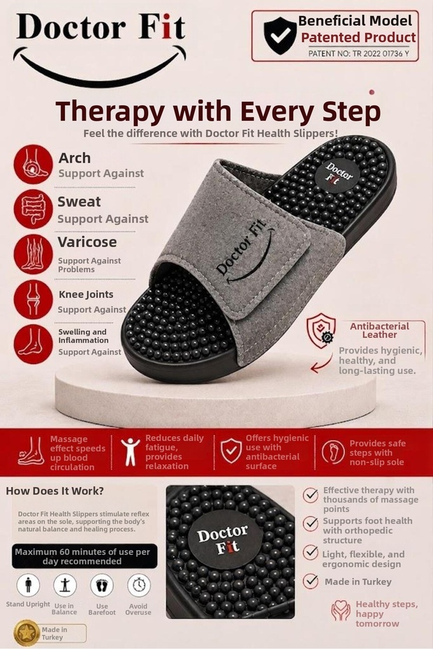 Size 36 Unisex Reflexology Relaxing, Acupuncture Massage Slippers Anti-Bacterial Leather Gray