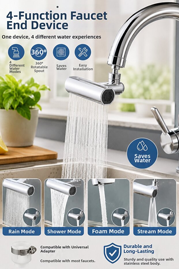 4-Function Faucet Head, Water-Saving, 360 Degree Rotating, Compatible with Any Faucet Lb104
