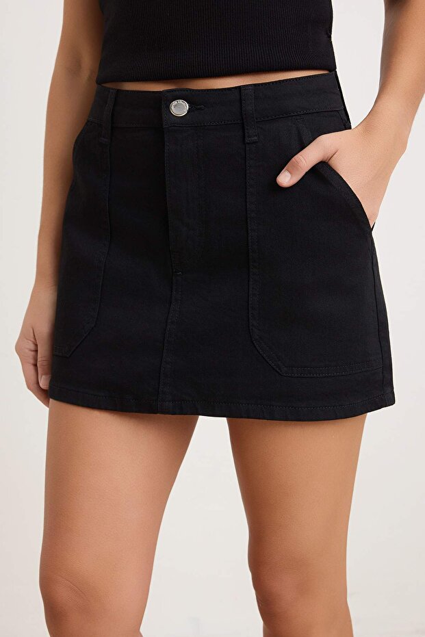Siyah AZ ESNEK Yüksek Bel Denim Şort Etek TWOSS26SR00124 - 3