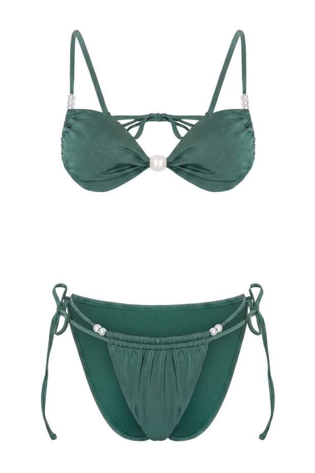 Zümrüt Yeşili Üçgen Kaplı Aksesuar Detaylı Brazilian High Leg Bikini Takımı TBESS26BT00134 - 4