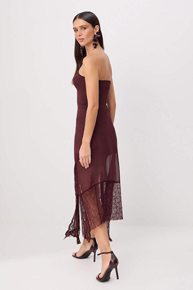 Bordo Dantel Detaylı Yırtmaçlı Straplez Maxi Abiye & Mezuniyet Party Elbisesi TPRSS26AE00203 - 4