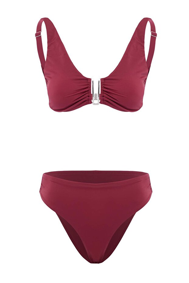 Vişne Bralette Kaplı Hipster Yüksek Bel Bikini Takımı TBESS26BT00177 - 4