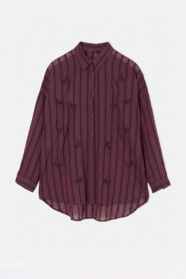 Bordo Oversize Taşlı Nakışlı İnce Kumaş Transparan Gömlek TDRSS26GO00102 - 5