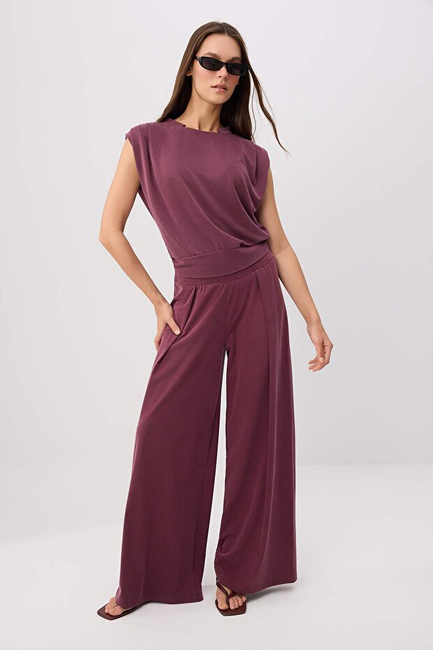 Plum Plain Low Sleeve Wide Leg Soft Premium Lyocell Content Knitted Bottom - Top Set Twoss26Au00154